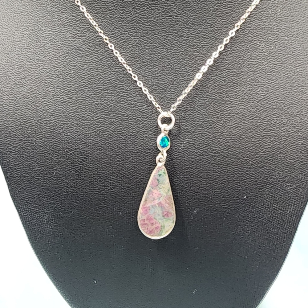 Vintage Opal, Ruby Zoisite, and Sterling Necklace - Picture 3 of 5